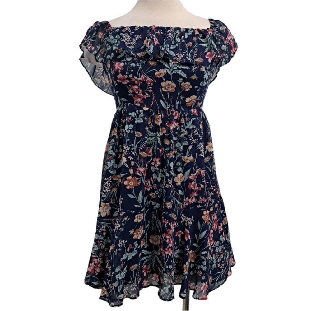 Lulu's Floral Print My Favorite Off The Shoulder Dress Navy Blue Small NWT